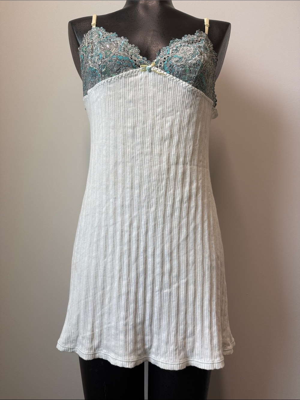 DKNY White Ribbed Slip with Teal Lace Bodice